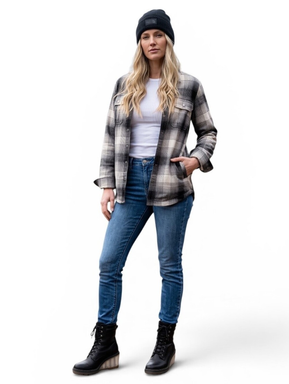 Duluth Women's Free Swingin' Lined Plaid Flannel Shacket, Black & White, EUC, S